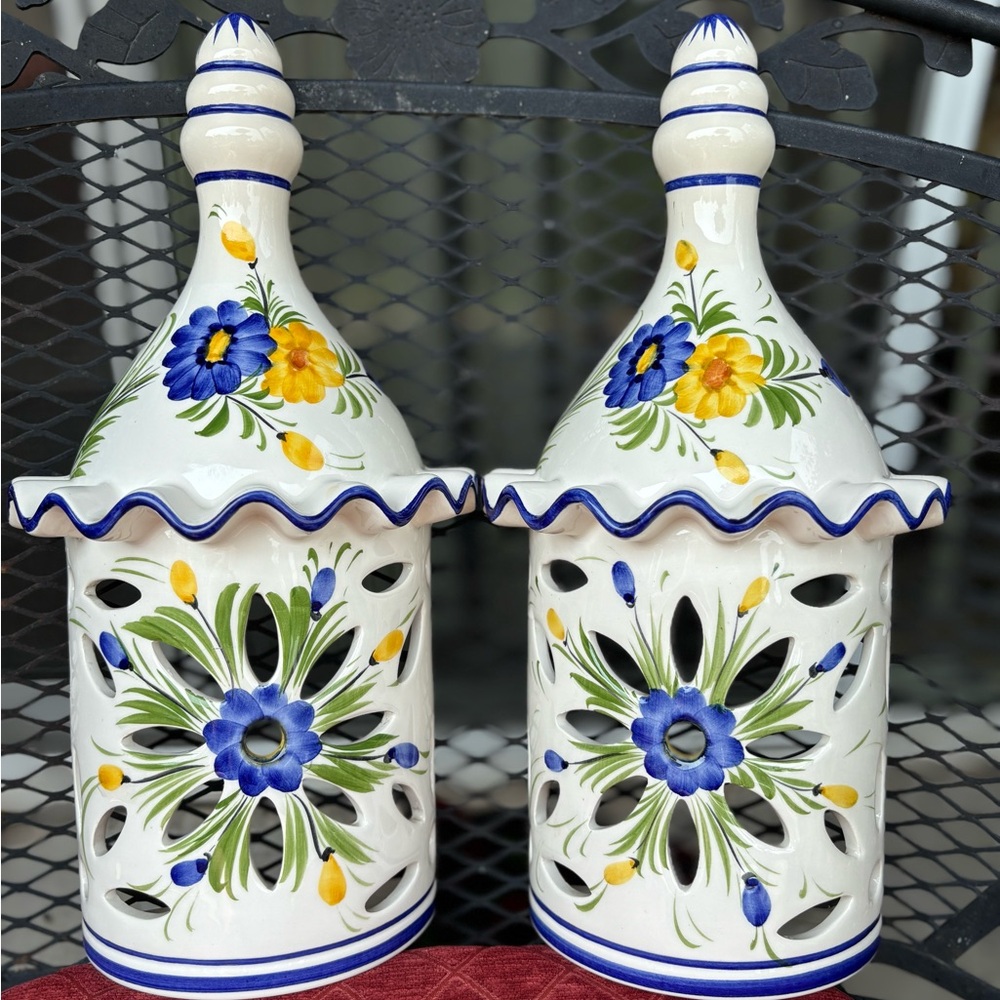 Rare and Unique Floral Ceramic candle sconces, set of 2 from Portugal